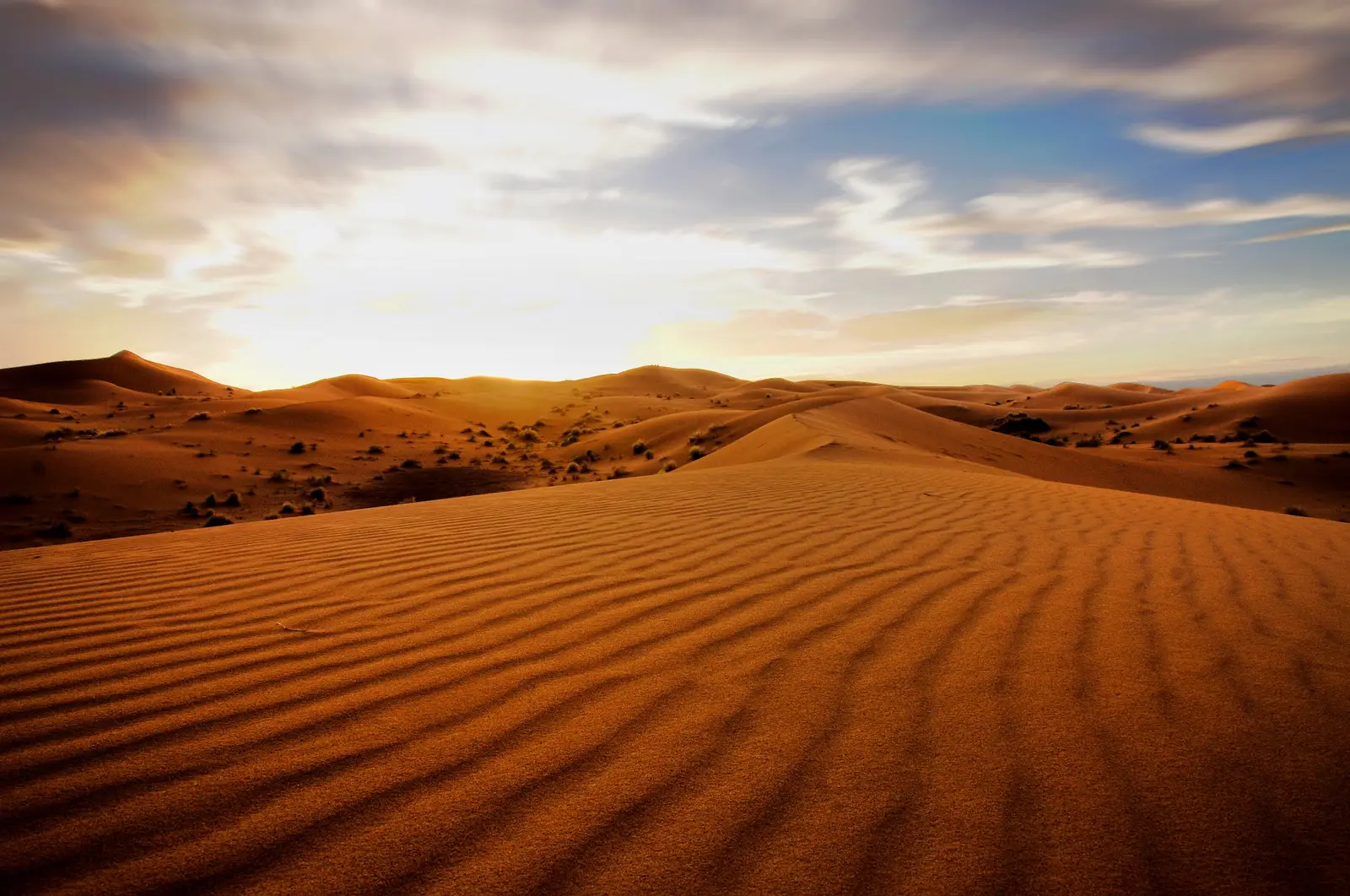 Dunes de Merzouga au soleil levant, ombres sur le sable.